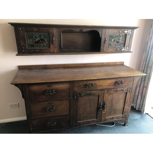 84 - A Large Art Nouveau Oak sideboard / dresser with stained glass floating top base size182cm x 60cm x ... 