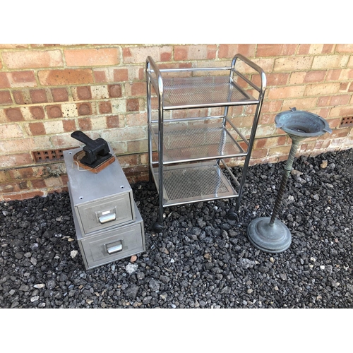 93 - Two vintage filing boxes, holepunch, smokers stand and a modern chrome trolley