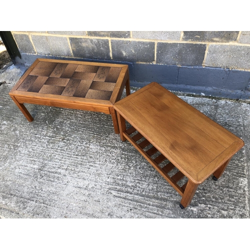 24 - A teak coffee table with tile top, together with a teak trolley
