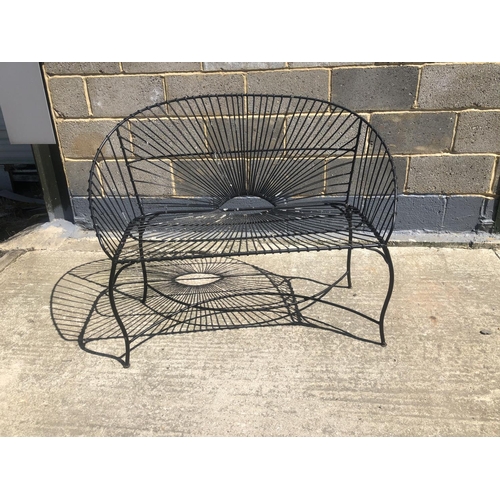 47 - A black painted metal wirework bench 110cm x 48cm x90cm