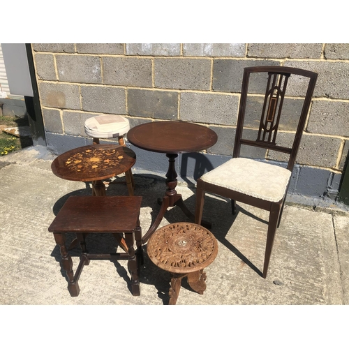 52 - A inlaid mahogany chair, together with 2 inlaid tables, a pine stool and a small carverd table