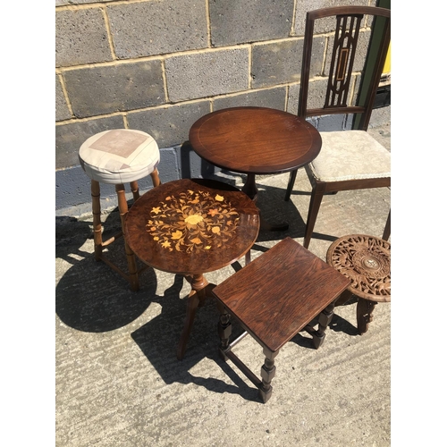 52 - A inlaid mahogany chair, together with 2 inlaid tables, a pine stool and a small carverd table
