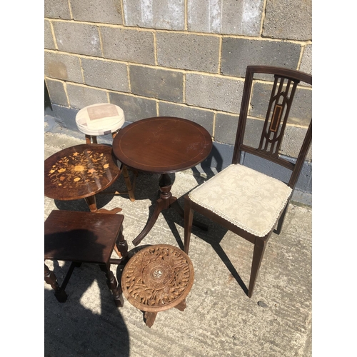 52 - A inlaid mahogany chair, together with 2 inlaid tables, a pine stool and a small carverd table
