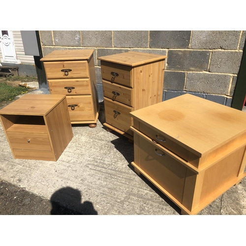 56 - A Pair of pine effect bedsides together with a mofern coffee table and a smaller bedside