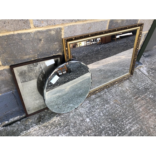 6 - Three mirrors, one large gold gilt framed mirror, together with a frameless bevelled mirror and one ... 