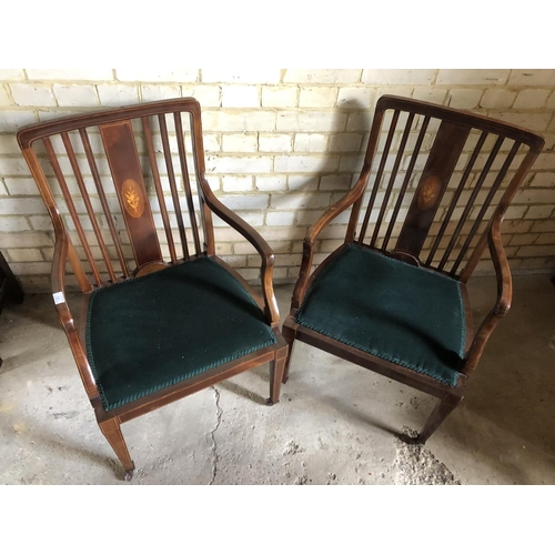 1 - A Pair of inlaid Edwardian Chairs, Mahogany inlaid frames with green upholstered seats