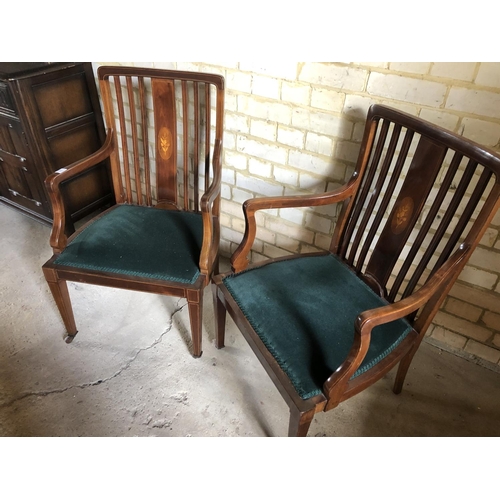 1 - A Pair of inlaid Edwardian Chairs, Mahogany inlaid frames with green upholstered seats