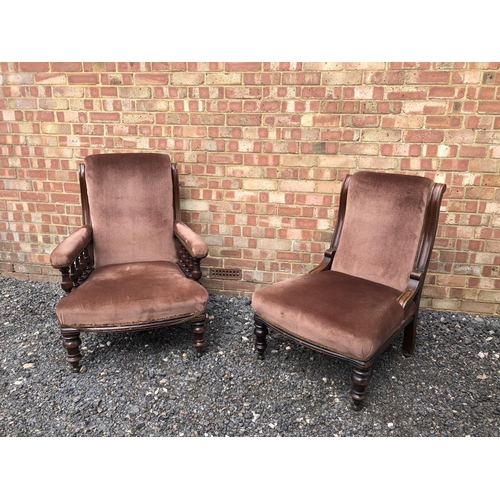 3 - A Pair of victorian ladies and gents bedroom chairs. Mahogany frames with brown upholstery