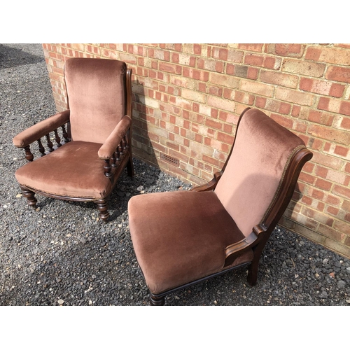 3 - A Pair of victorian ladies and gents bedroom chairs. Mahogany frames with brown upholstery