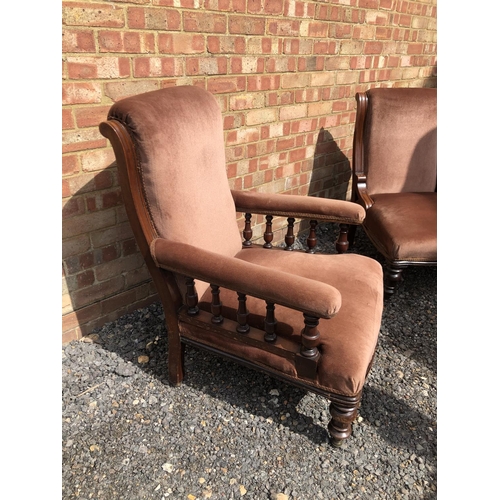 3 - A Pair of victorian ladies and gents bedroom chairs. Mahogany frames with brown upholstery
