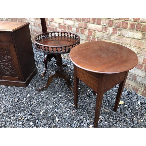 34 - Four pieces mahogany furniture, a coat purdonium, sewing table, torchere and gallery top occasional ... 