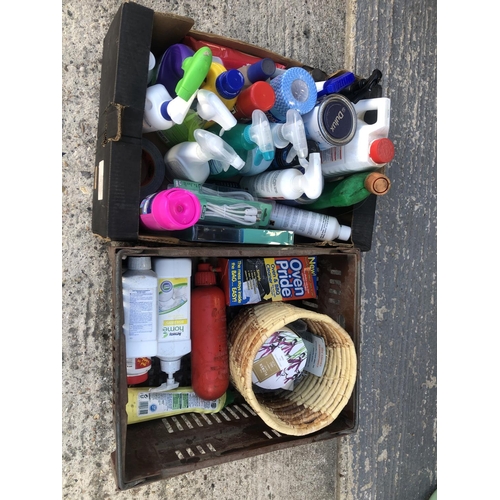 1009 - Two boxes containing cleaning and garden fluids, many unused