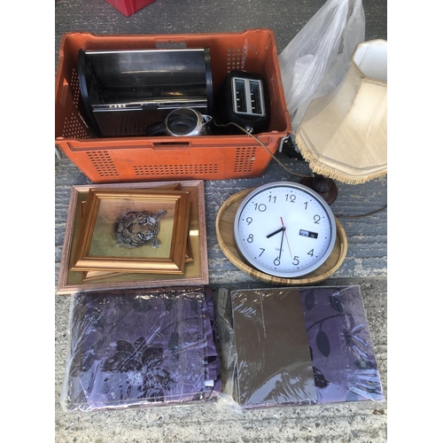 1011 - Mixed homewares, curtains, pictures, clock, lamp, breadbin, toaster and kettle