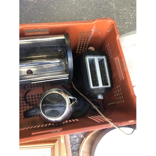 1011 - Mixed homewares, curtains, pictures, clock, lamp, breadbin, toaster and kettle