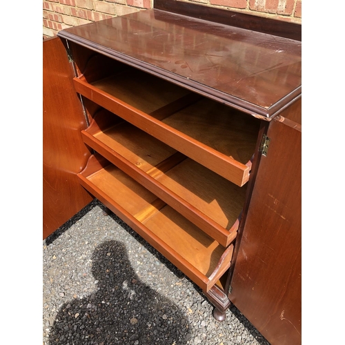 113 - a mahogany press cupboard housing three slides 92x51x107