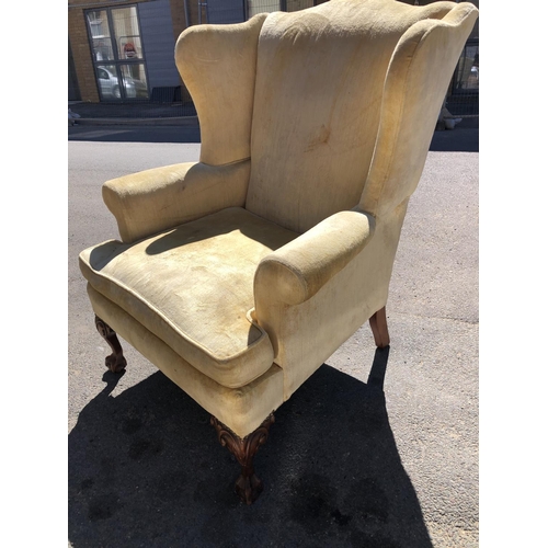 151 - A large yellow upholstered wing armchair on ball and claw feet