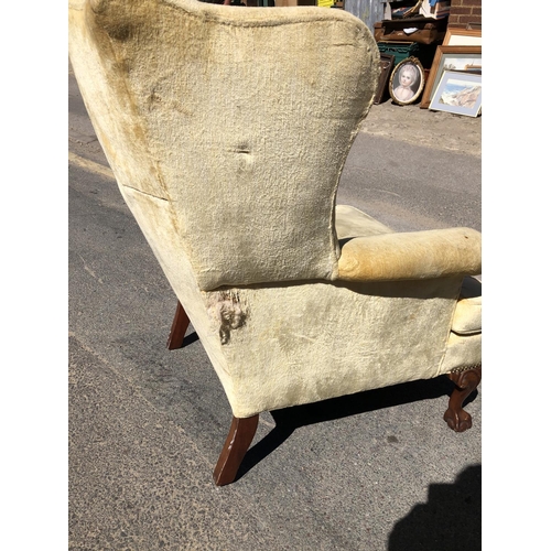 151 - A large yellow upholstered wing armchair on ball and claw feet