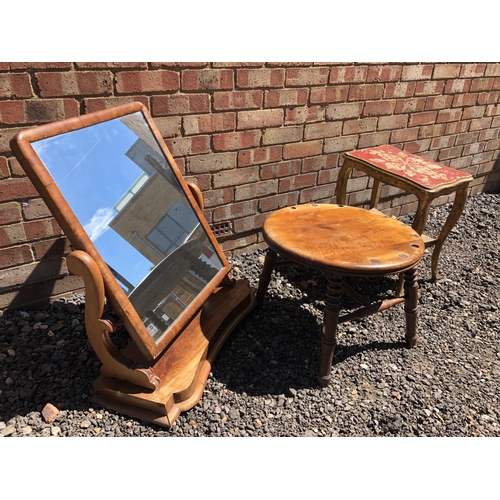 168 - A Victorian swing mirror, Elm stool and a gold painted table