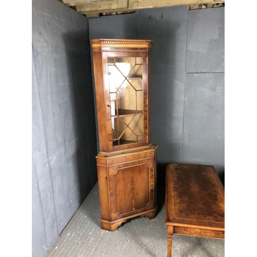 201 - Two reproduction coffee tables together with a yew wood corner cabinet