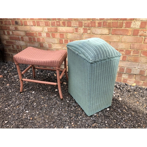 37 - A blue painted Lloyd loom linen box together with a pink loom stool