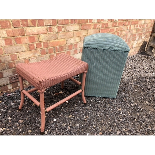 37 - A blue painted Lloyd loom linen box together with a pink loom stool