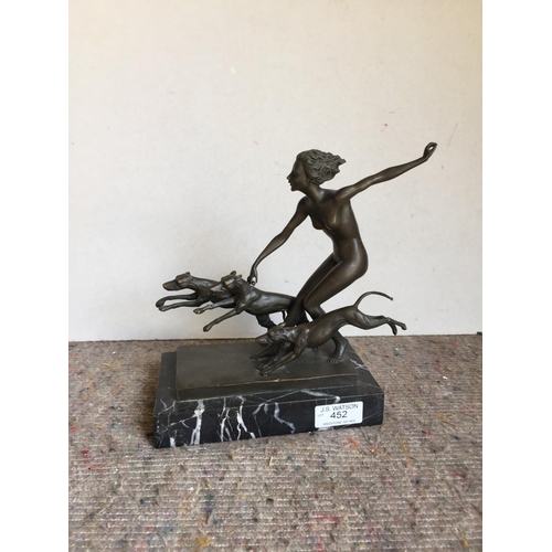 452 - Bronze figure of nude girl and three dogs on marble base signed Lorenzl