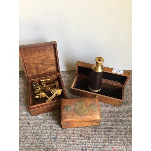 453 - Boxed brass sextant and telescope together with brass bound playing card box