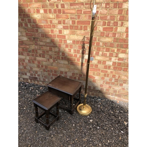 47 - A brass standard lamp together with two oak side tables