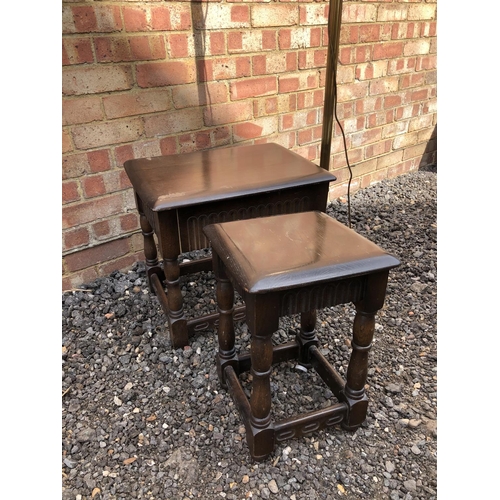 47 - A brass standard lamp together with two oak side tables