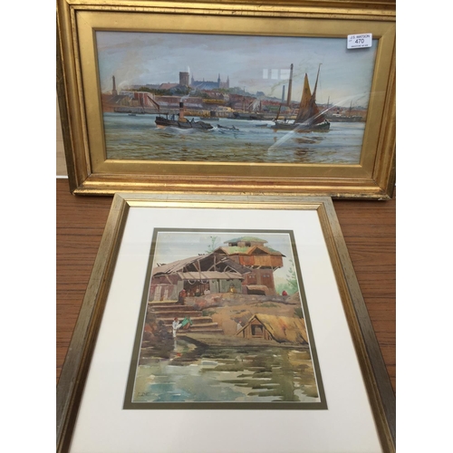 470 - Gilt framed watercolour - Tug and schooner in harbour and one other watercolour