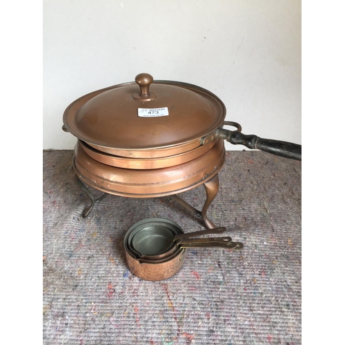 473 - Copper spirit pan, together with a set of miniature pans