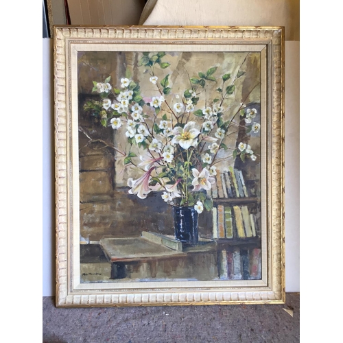 684 - Framed still life oil signed May Monckton, 74 x 90 cm overall