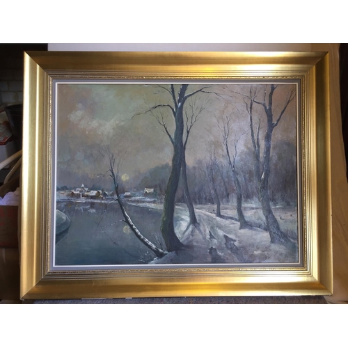 685 - Gilt framed oil Winter scene, signed Noppe Frams, 100 x 80 cm