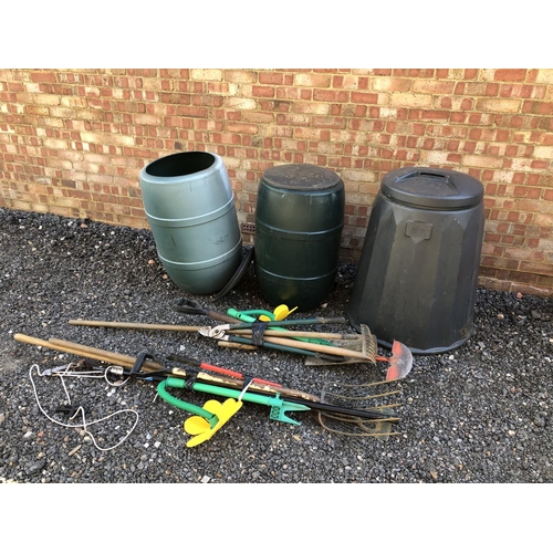 78 - Two water buts, compost bin and two bundles of garden tools