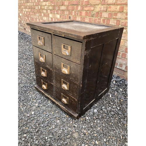 88 - A vintage bank of 8 office filing drawers with brass cup handles 61x61x72