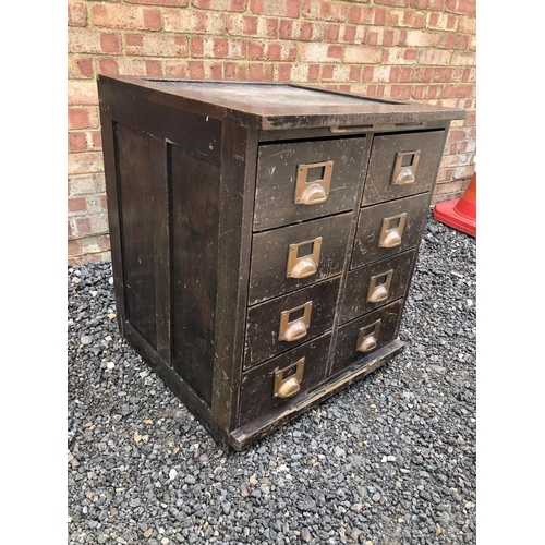 88 - A vintage bank of 8 office filing drawers with brass cup handles 61x61x72