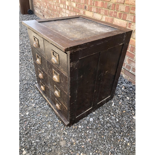 88 - A vintage bank of 8 office filing drawers with brass cup handles 61x61x72