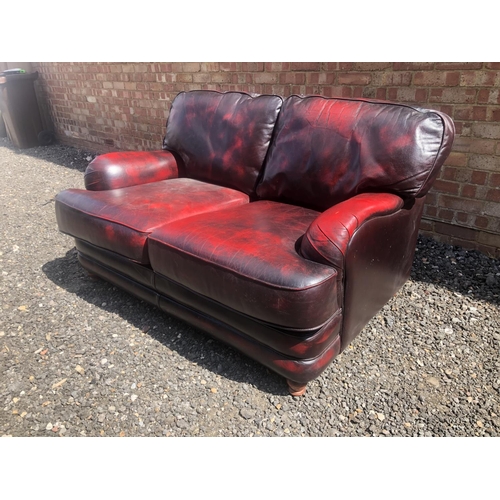 95 - A oxblood red leather club sofa by Thomas LLoyd, deep seat with loose cushions