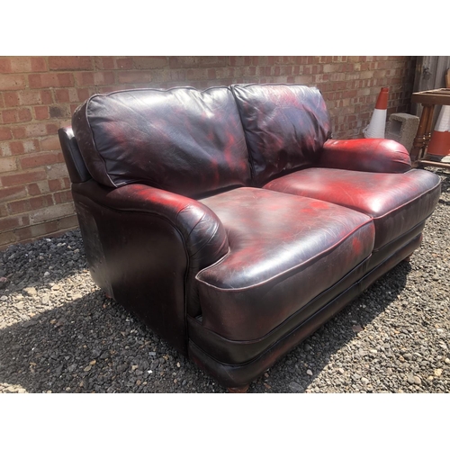 95 - A oxblood red leather club sofa by Thomas LLoyd, deep seat with loose cushions