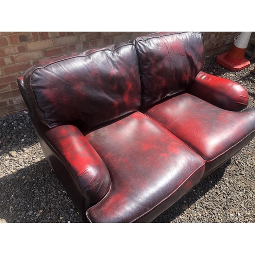 95 - A oxblood red leather club sofa by Thomas LLoyd, deep seat with loose cushions