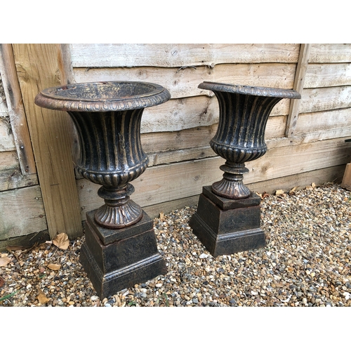 265 - A pair of Black cast Iron garden urns on stands (each 40cm high)