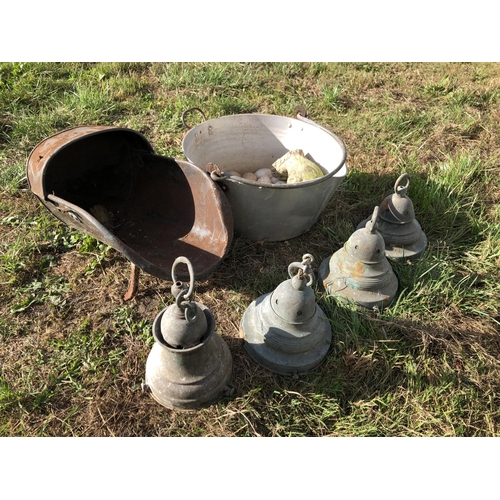 16 - Copper coal, scuttle together with a pan contains four brass light fittings