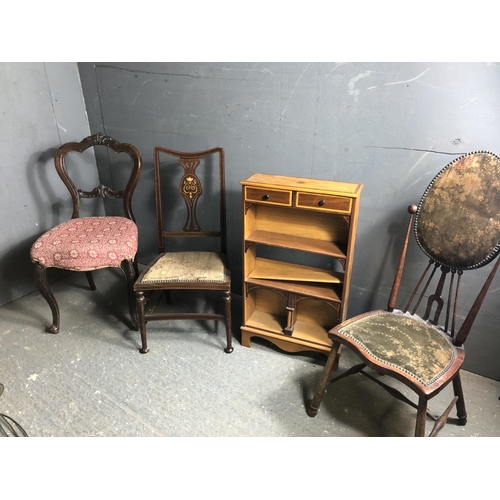 22 - Thre assorted antique chairs together with a small inlaid bookcase