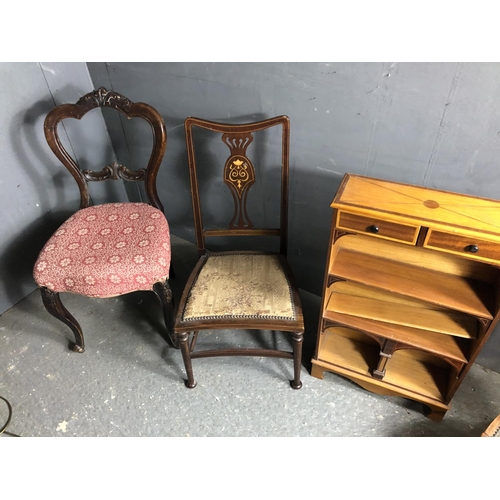 22 - Thre assorted antique chairs together with a small inlaid bookcase