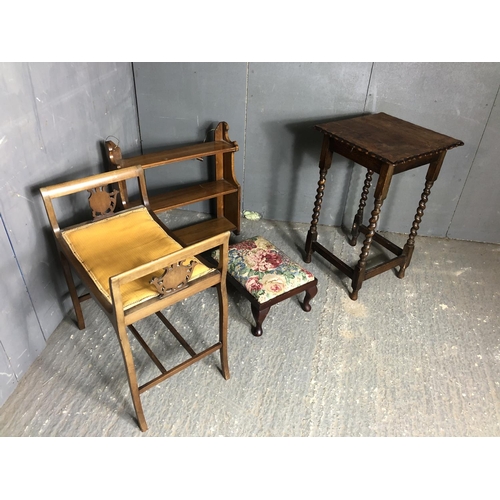 62 - Oak barley Twist table, two stools and a wall shelf