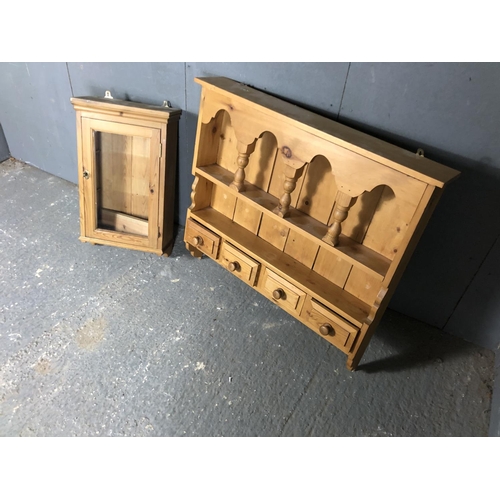 60 - A wall hanging pine shelf with four drawers together with a wall hanging pine cabinet
