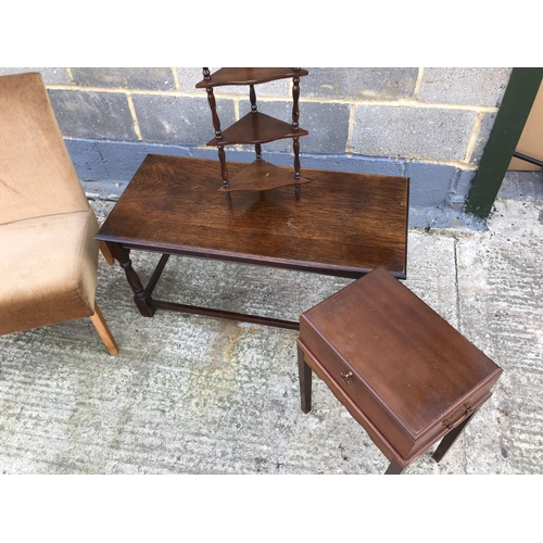 100 - A brown bedroom chair, sewing box and contents, oak coffee table, and corner shelf