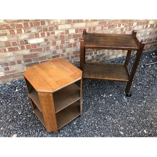 12 - An oak tea trolley together with a oak book table