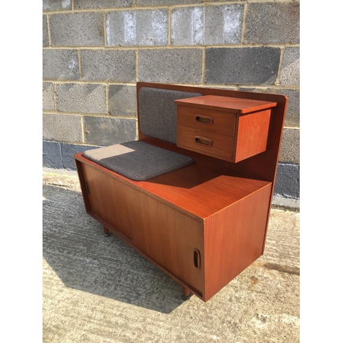 134 - A mid century teak telephone seat with cupboard base and floating two drawer storage 84x42x80