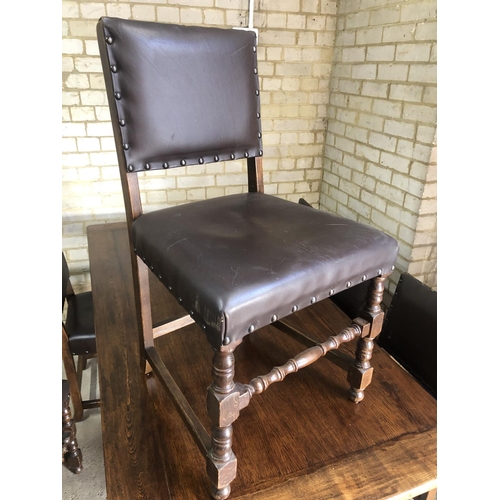 151 - An oak refectory dining table together with a set of six studded brown leather chairs by Jaycee